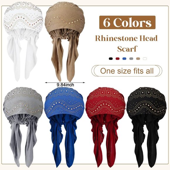 6 Packs Rhinestone Head Scarf Stretchy Head Wrap Women Bandana Beanie Pre Tied D - Picture 3 of 6